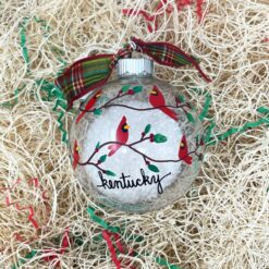 Large Clear Ornament Hand Painted Cardinal Flurry by Terry Gramig with Plaid Bow