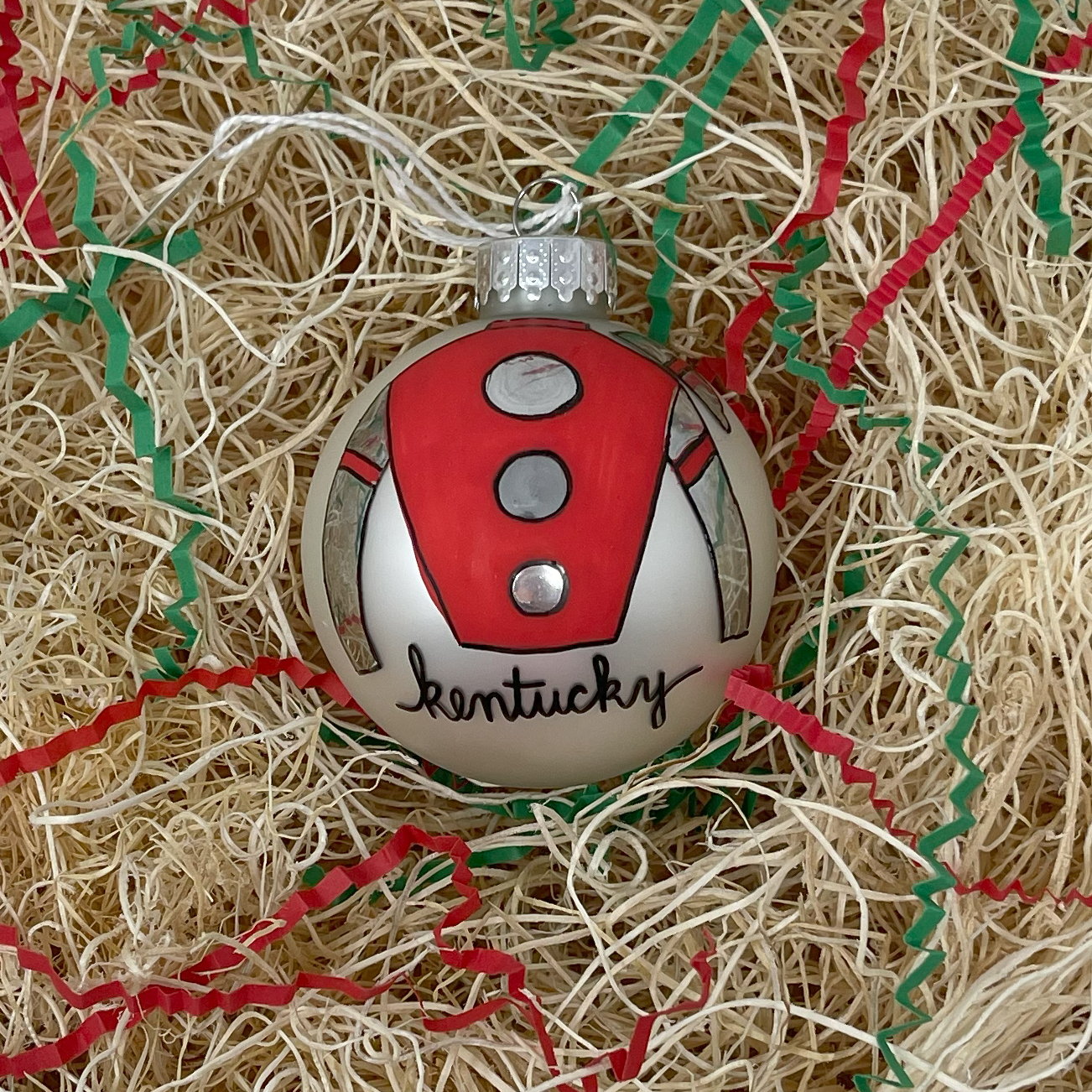 Red jockey silk hand painted ornament by Fleur de 'ville by Terry