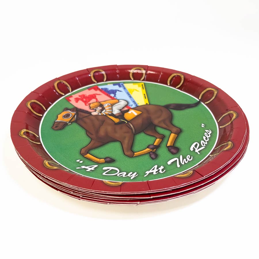 A Day at the Races Paper Plate - Green background with red trim and horse and jockey illustration in the center