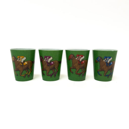 four green shot glasses with horse and jockey illustration. Yellow, Red, Blue, and Purple jockeys