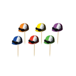 six individual, different colored, jockey helmet food picks