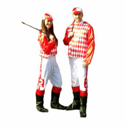 Man and Woman wearing a Red and White Jockey Costume