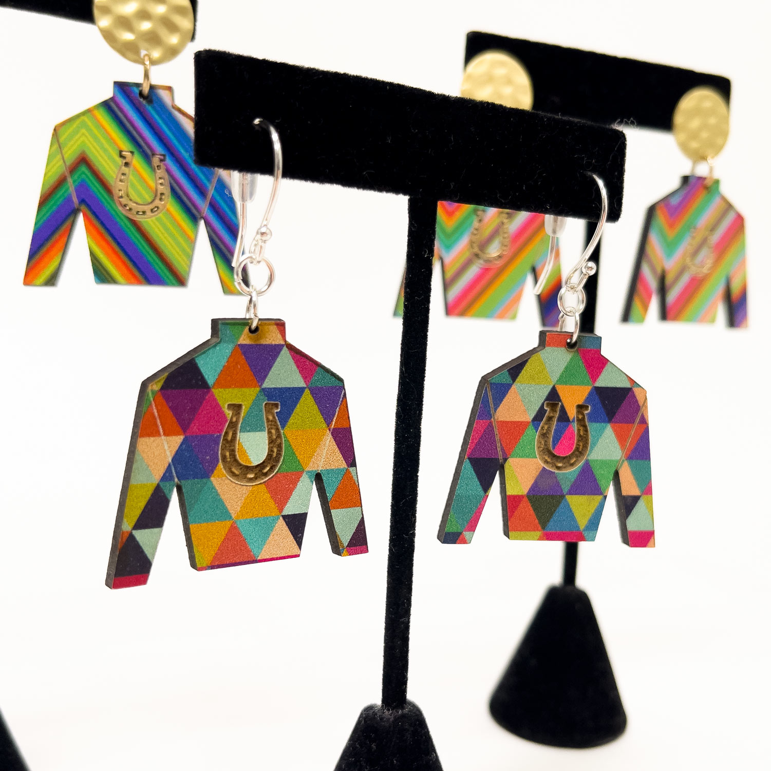 Wooden Jockey Silk Earrings, Available in 3 styles. Warm Stripes, Cool Stripes, Triangles.