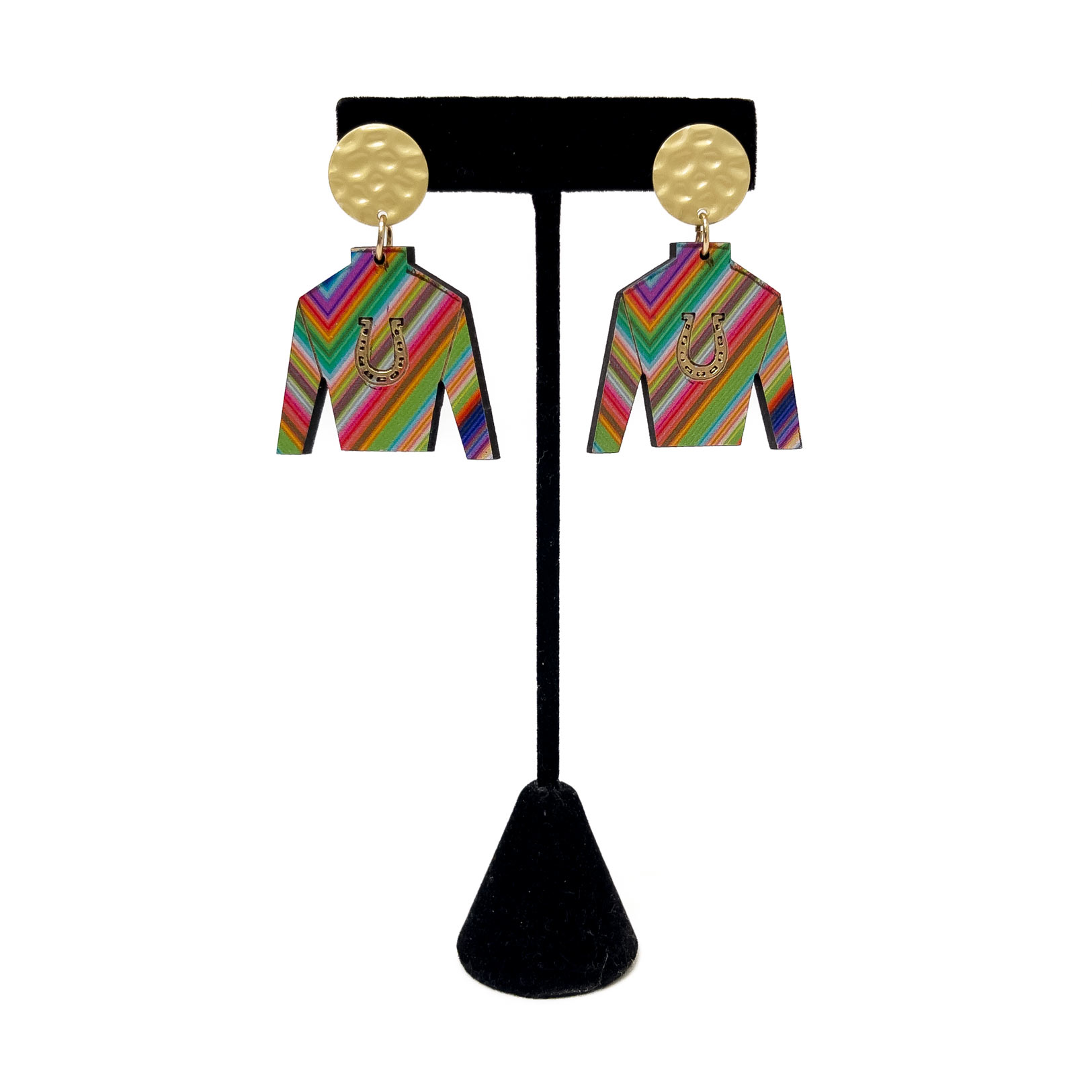 Wooden Jockey Silk Earrings, Available in 3 styles. Warm Stripes