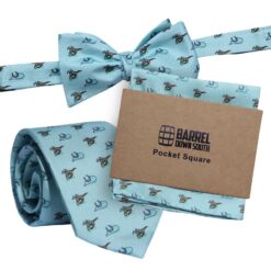 Light Blue Pocket Square, Rolled Up Neck Tie, and Bowtie, with Horse & Jockey and Kentucky State Pattern