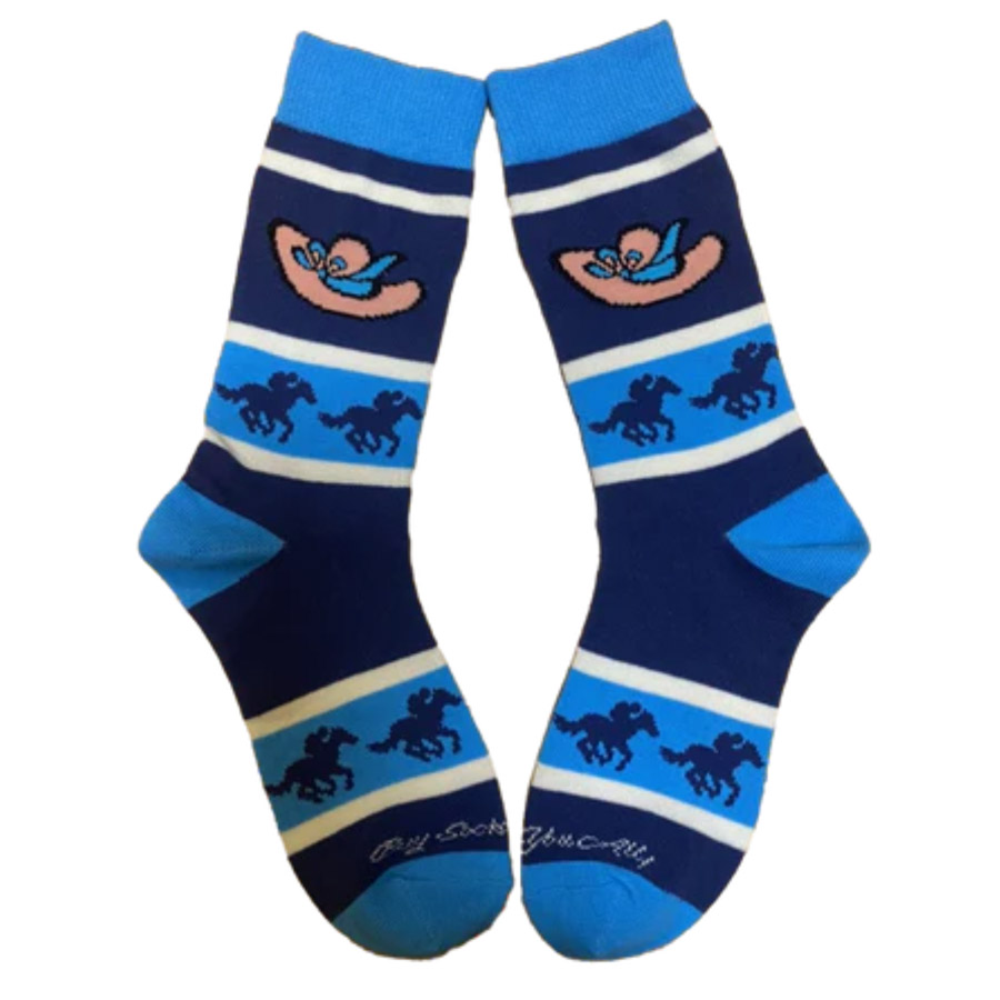 Navy Crew Socks with Bright Blue & White Stripes, Horse & Jockey Silhouettes & Pink Derby Hats.