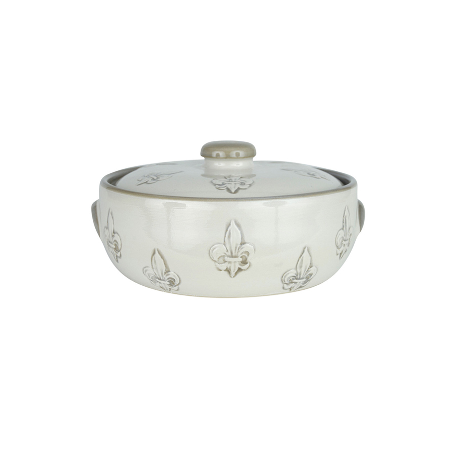1 quart casserole dish with lid from Stoneware & Co in design Embossed Fleur de Lis, white background