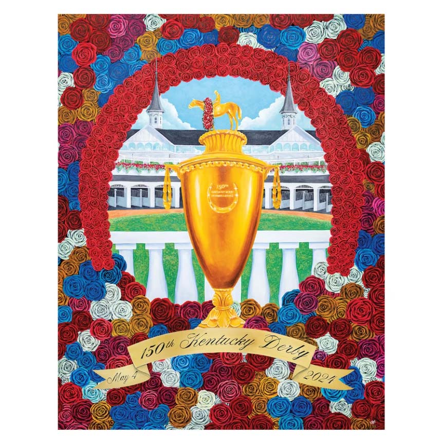 Art of the 150th Kentucky Derby, Illustrated Winner's Trophy at Churchill Downs, surrounded by colorful roses. The poster reads 'May 4 150th Kentucky Derby 2024'