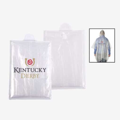 Clear Rain Poncho in travel package with Kentucky Derby Logo and shown on the back of a person.