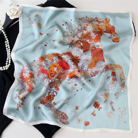 Light blue scarf with red and orange floral horse design