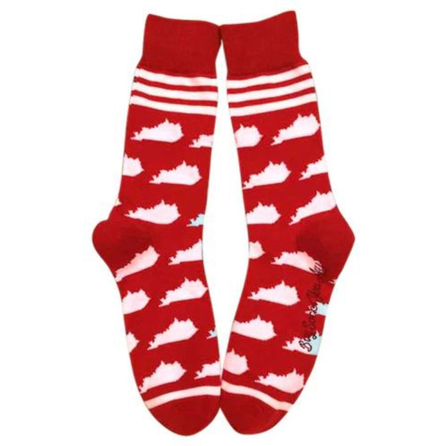 Red Crew Socks with White Kentucky Shape Pattern and white stripes at the calf