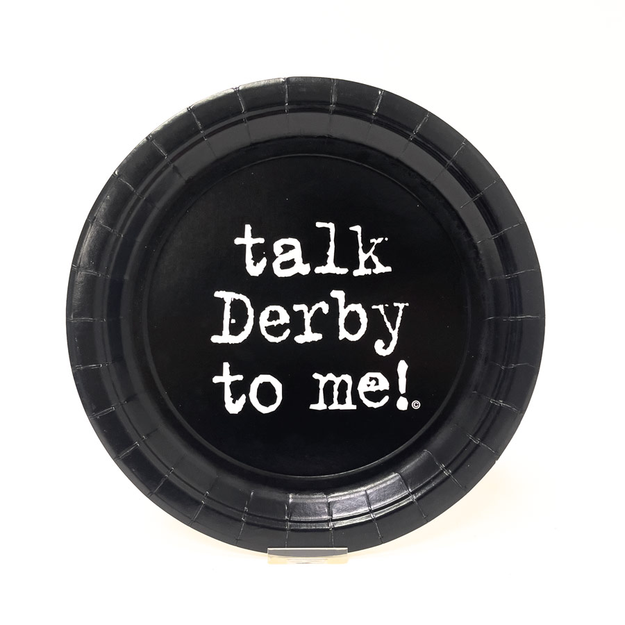 Black 9" Paper Plates with 'Talk Derby to Me' design in white