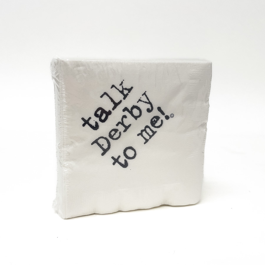 5 Inch Square White Napkins with 'Talk Derby to Me' Design in Black