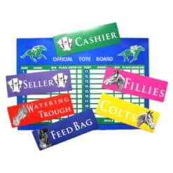 Blue Kentucky Derby Tote Board with Colorful Signs for Cashier, Seller, Watering Trough, Feed Bag, Colts, and Fillies.