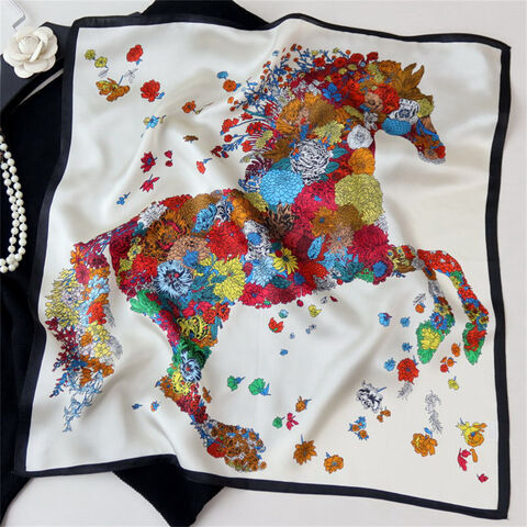 White scarf with multi-colored floral horse design