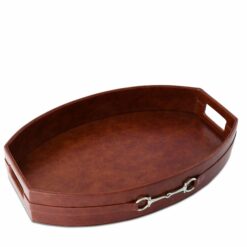 Red-Orange Vegan Leather Tray with Pewter Horse Bit finishes and 2 handles