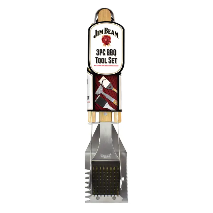 Jim Beam 3 Piece BBQ Grilling Tool Set with Grill Brush, 5 in 1 Spatula and Tongs