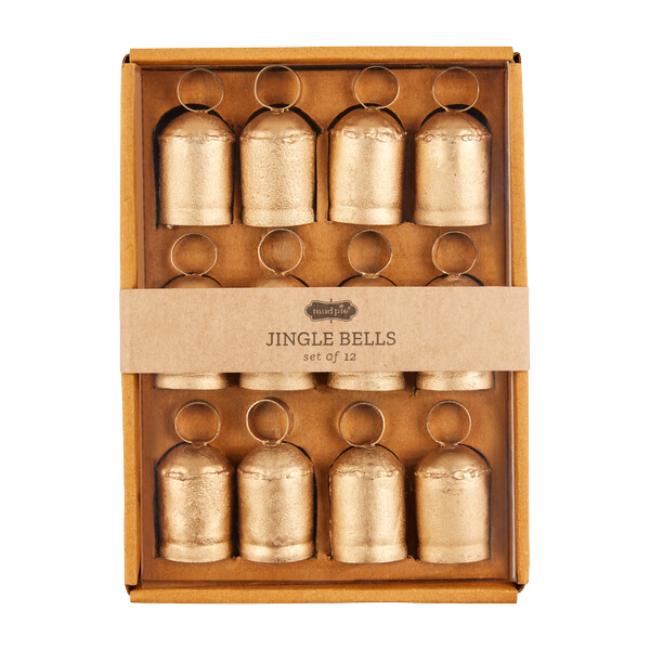 Jingle Bell Filler Set with 12 foiled metal bells, each 3 inches, ideal for adding festive charm to holiday decor.